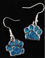 Load image into Gallery viewer, Paw print sports fan earrings: Tigers, Lions, Bulldogs, Wildcats, Huskies, Panthers, Jaguars: choice of team color with or without crystal bead.

