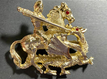 Load image into Gallery viewer, St. George and the Dragon medieval knight goldtone brooch
