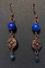 Load image into Gallery viewer, Lapis jasper and antique copper disc triple-link dangle earrings
