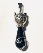 Load image into Gallery viewer, Cat Pendant: silvertone and Czech glass teardrop cat pendant with leather cord or silvertone chain
