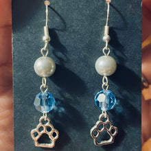 Load image into Gallery viewer, Helena Huskies paw print sports fan earrings withchoice of crystal or pearl bead in team colors
