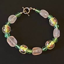 Load image into Gallery viewer, Easter Parade: pastel pink, green, and yellow rose quartz and floral lampwork glass bead bracelet
