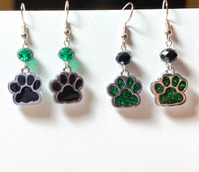 Load image into Gallery viewer, Pelham Panthers sports fan green and black paw print earrings
