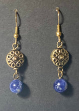 Load image into Gallery viewer, Sodalite and antiqued gold disc drop earrings
