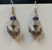 Load image into Gallery viewer, Flower of Scotland: Scottish thistle silvertone Celtic earrings Sassenach Outlander fan gift jewelry (w/ optional crystal or pearl bead)
