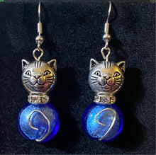 Load image into Gallery viewer, Ocean Cat II: silvertone and deep blue glass bead earrings
